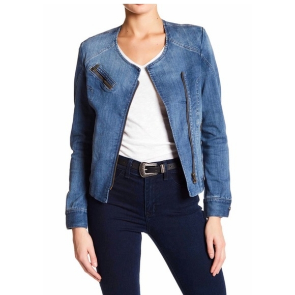 Pistola Denim Moto Jacket with Asymmetrical Zipper. Size Large - Picture 2 of 8